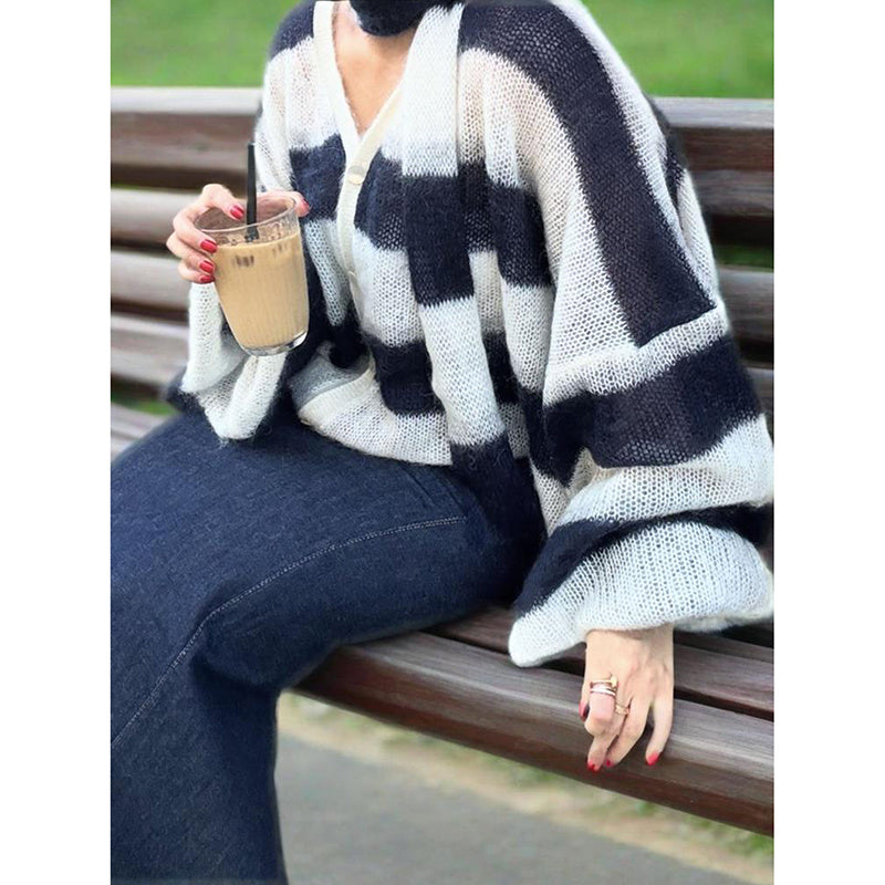 Womens Striped Cardigan Sweaters V Neck Open Front Button Up Color Block Loose Coats With Scarf