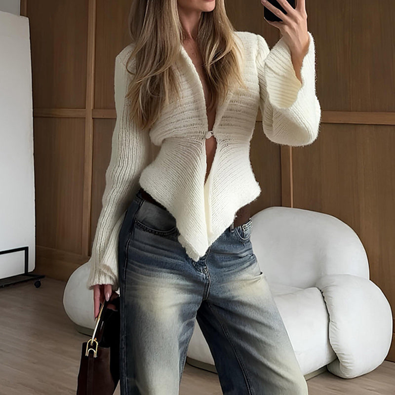 Elegant Hem CardiganSweater For Women Knitted Long Sleeve V Neck Trendy Open Front