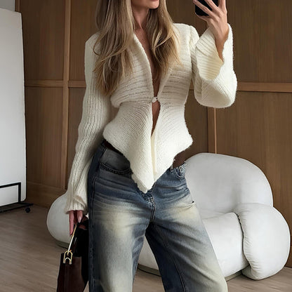 Elegant Hem CardiganSweater For Women Knitted Long Sleeve V Neck Trendy Open Front